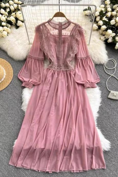 Sweet, Lace Stitching, Chiffon, Bubble Sleeve Lady Dress