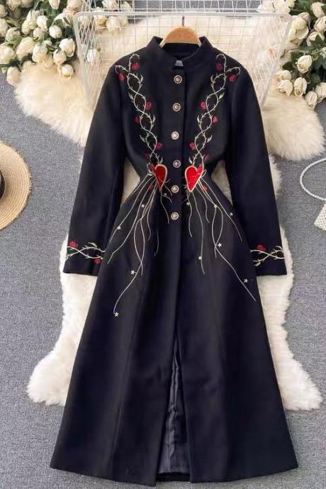 High quality, socialite, vintage, embroidered dress, stand collar, single breasted, fashionable woolen coat