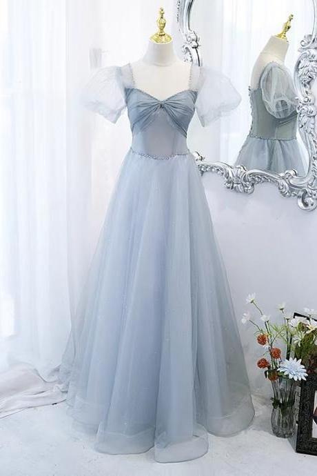 Gray blue evening dress, sweet party dress, bubble sleeve prom dress,custom made