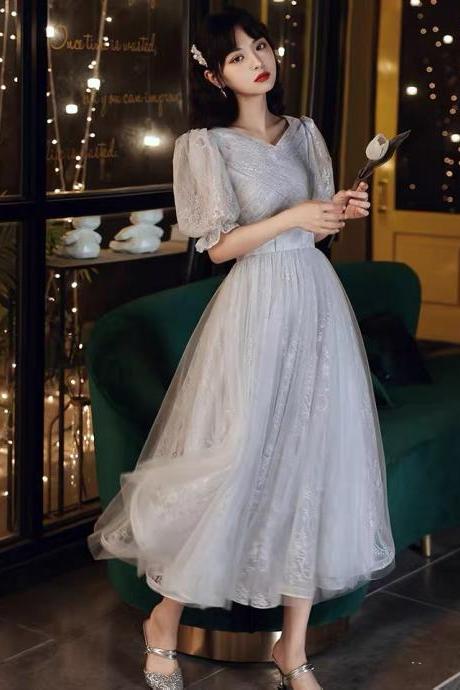 Birthday Party Dress, Grey Fairy Dress, Bubble Sleeve Bridesmaid Dress,homecoming Dress,custom Made