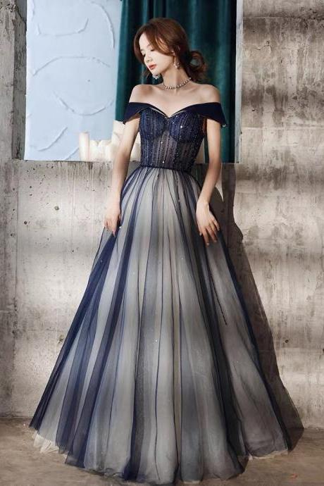  Blue prom dress, temperament, socialite, light luxury dress, off-the-shoulder evening dress,custom made