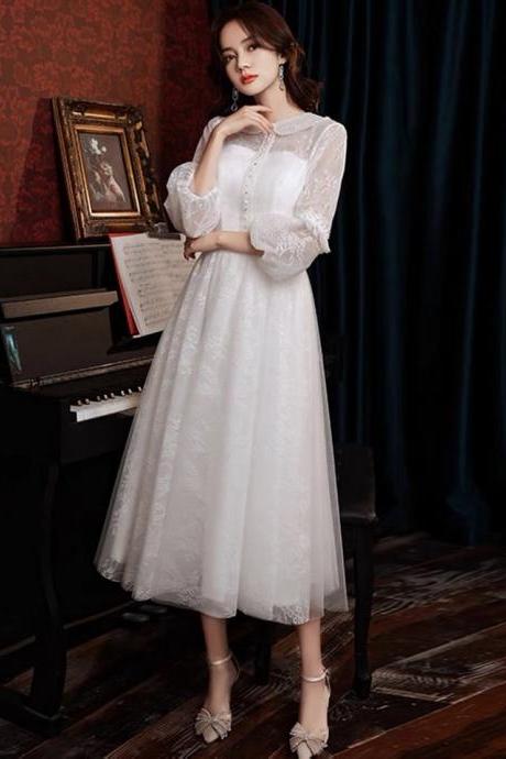 White evening dress, long sleeve homecoming dress, graduation dress custom made
