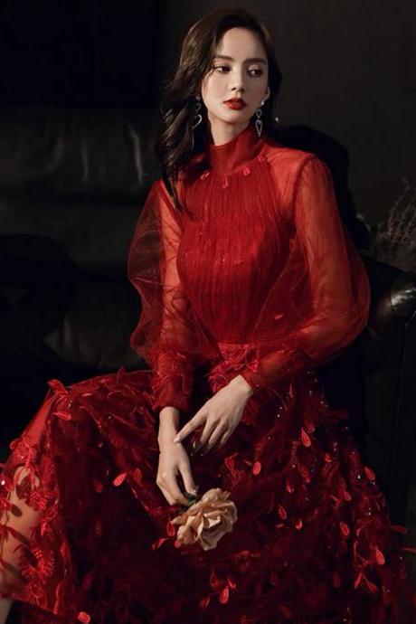 Burgundy Lace Dress.long Sleeve Charming Evening Dress,red Homecoming Dress, Custom Made