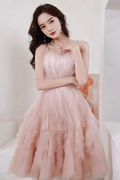 Pink Little Dress, Luxurious Party Dress, Spaghetti Strap Homecoming Dress, Birthday Dress, Custom Made
