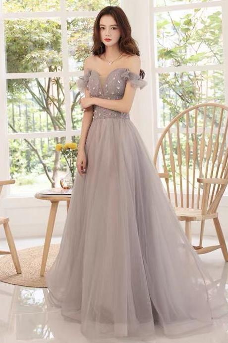 Off Shoulder Evening Dress, Socialite Prom Dress, Grey Evening Dress, Custom Made
