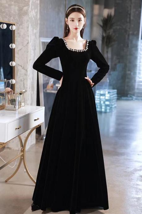 Black Evening Dress, Class,, High Sense Velvet Long Sleeve Evening Dress, Custom Made