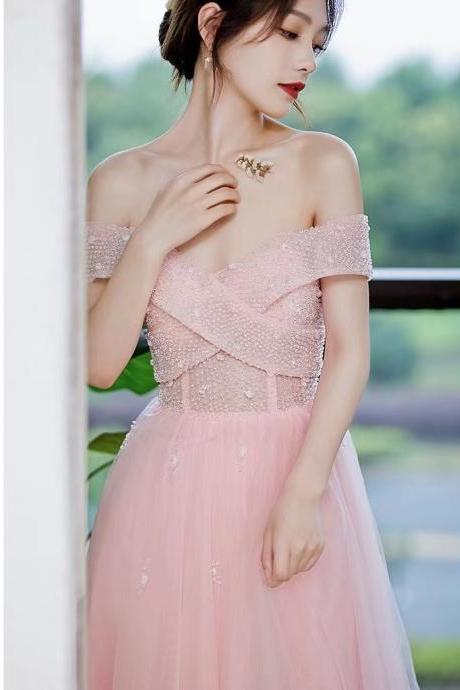 Pink Prom Dress, Off Shoulder Evening Gown, Beaded Gown, Custom Made