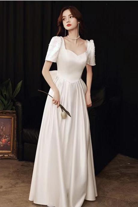 White evening dress, new style, class, satin princess bow daily dress, custom made