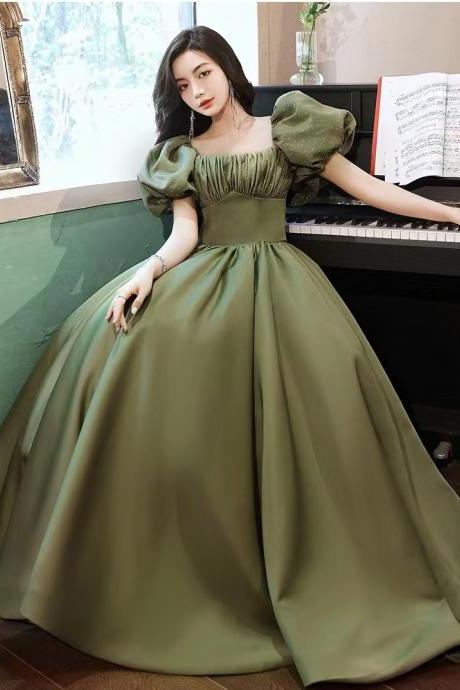 Green Evening Dress , Temperament ,long Bubble Sleeve Princess Dress,custom Made