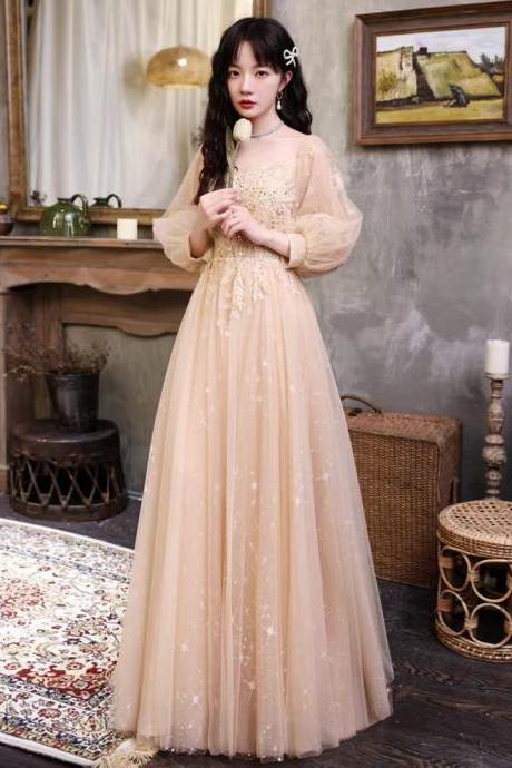 Champagne prom gowns, long sleeves party dresses, long bridesmaid dresses,custom made