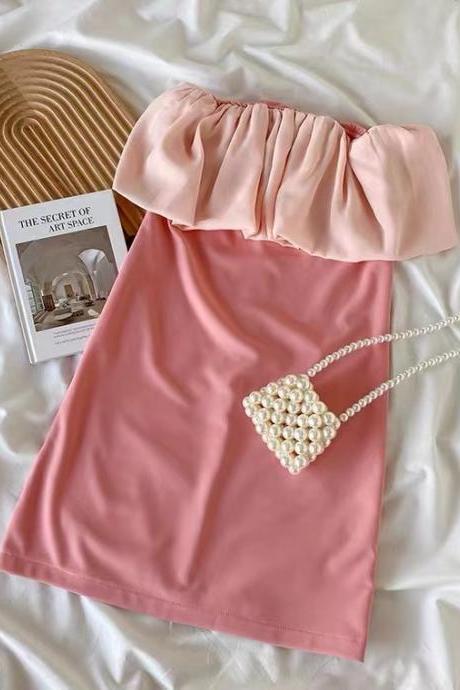 Flounces strapless dress, new , pink bodycon dress