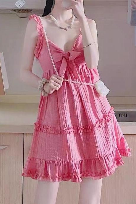 Wooden Ear Strap Dress, Cute Candy Pink Dress
