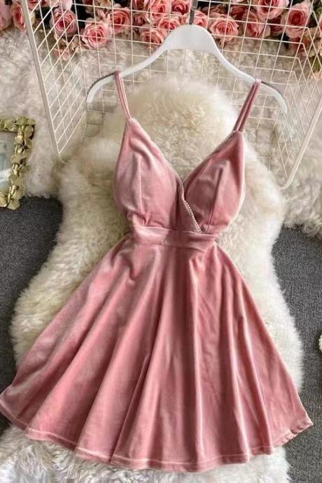 Cute little black/pink dress, temperament, velvet V-neck A-line dress