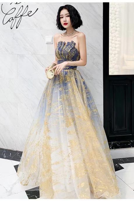 Gold And Blue Pompous Dress, Strapless Evening Gown ,sexy Prom Dress,custom Made