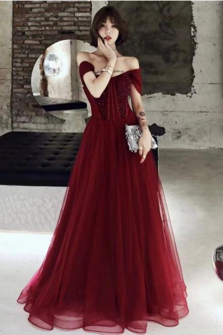 Heavy hand-beaded prom dress, red dress, off-the-shoulder evening dress,custom made