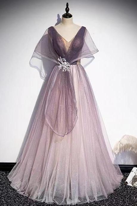 V-neck prom dess, long fairy prom dress, purple dream party dress,custom made