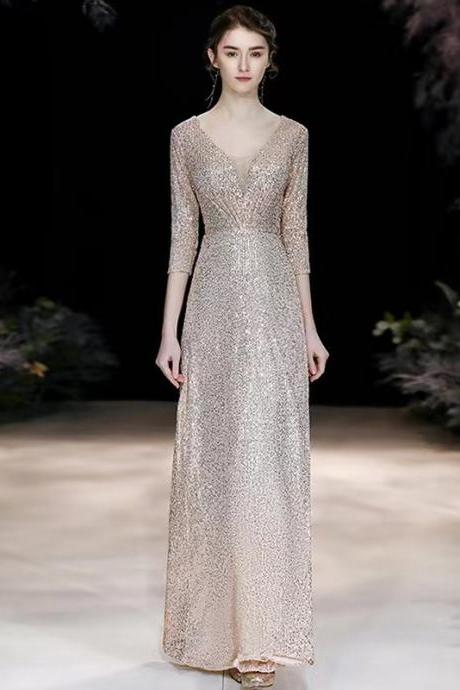 Long Sleeve Evening Dress, Gold Quality Prom Dress, Sequins Elegant Dress, Texture Party Dress,custom Made