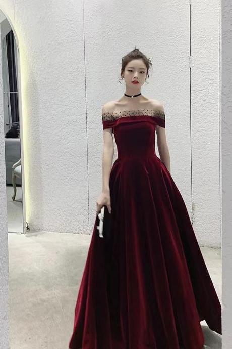 Burgundy Prom Gown, Off Shoulder Evening Gown, Sexy Velvet Gown,custom Made
