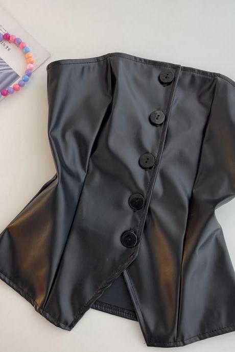 Fashionable PU leather top, temperament, single breasted, spice girl, slim, irregular short vest