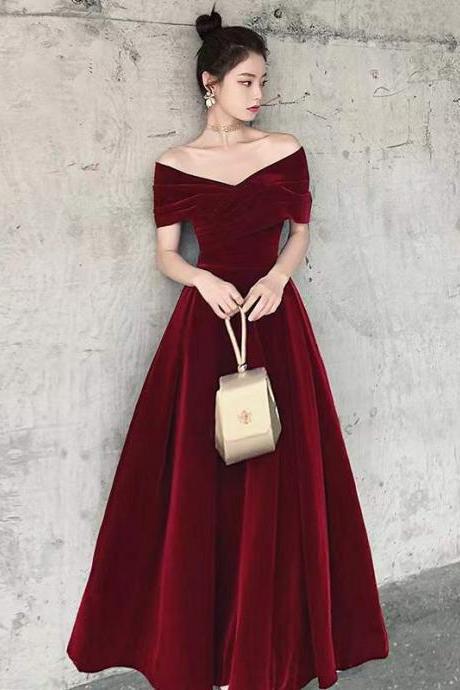 Burgundy prom gown, off shoulder evening gown,custom made
