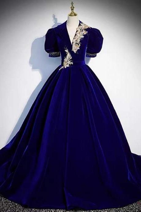 V-neck Evening Dress, Elegant Formal Dress,blue Party Dress,custom Made