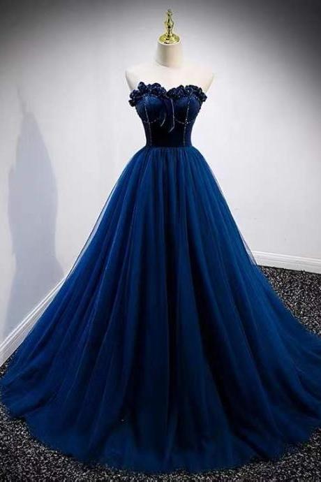 Strapless Evening Dress, Light Luxury Prom Dress, High Sense Party Dress, Blue Elegant Dress,custom Made