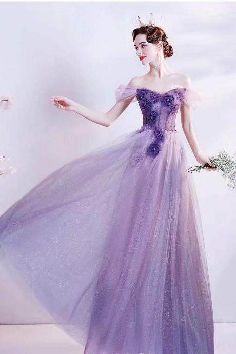 New, flower fairy prom gown, purple party dress,off shoulder bridesmaids dress,custom made