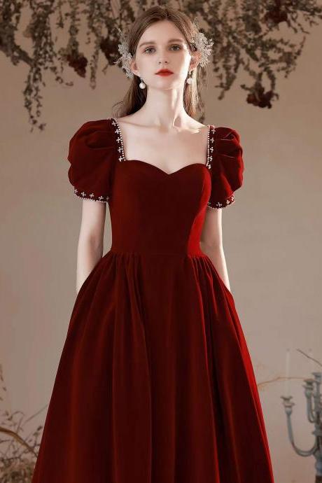 Velvet dress, burgundy bubble sleeve prom dress, chic temperament evening dress,custom made