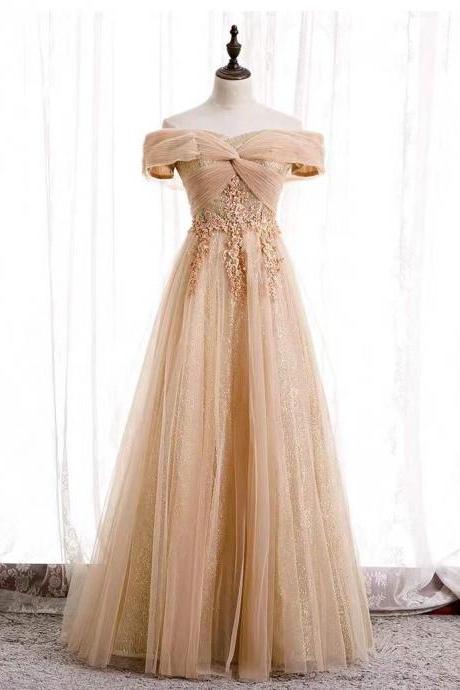 New style, off-shoulder prom gown, gold fairy party dress,custom made