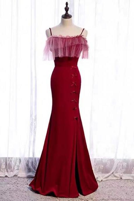Burgundy Ribbon Evening Dress, Fishtail Elegant Dress,sweet Party Dress,custom Made
