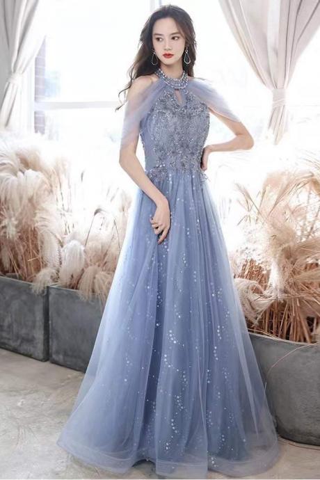 New, blue evening dress, halter neck party dress,fairy bridesmaid dress,custom made