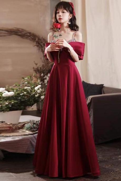 Long cute prom dress,spaghetti strap evening dress, red beaded party dress,custom made