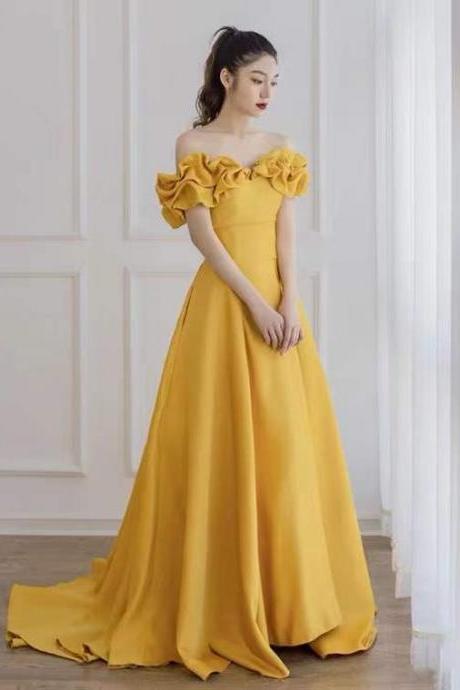 Off shoulder evening dress, chic party dress, yellow satin evening dress,custom made