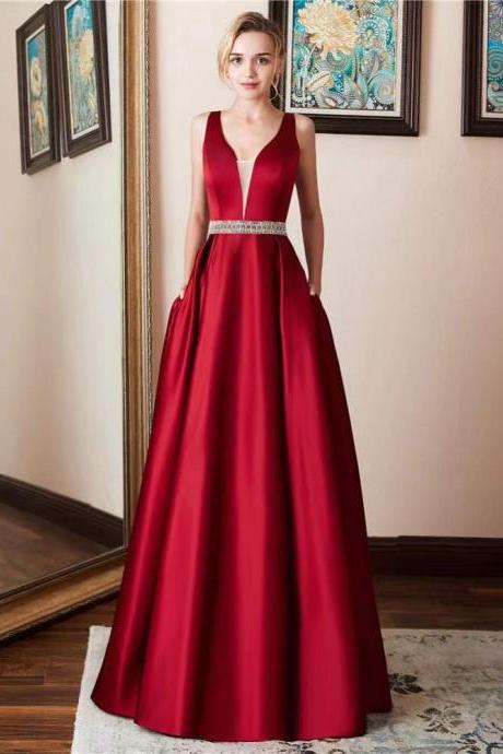 Sleeveless backless evening dress, V-neck party dress, red prom dress, custom made