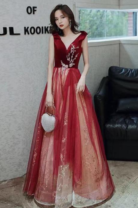 Atmospheric long evening dress, V - collar temperament dress, red prom dress, custom made