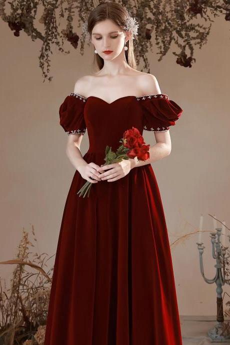 Velvet Princess Dress, Red Prom Dress, Bubble Sleeve Temperament Evening Dress, Custom Made