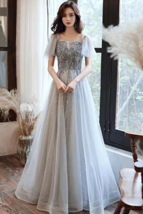 Off shoulder evening dress, temperament atmosphere fairy dress, gray long prom dress, custom made