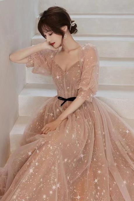Square collar bridesmaid dress, fairy sister prom dress, bubble sleeve evening dress, custom made