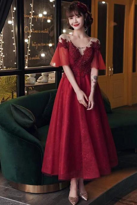 V-neck Party Dress, Red Class Evening Dress, Custom Made