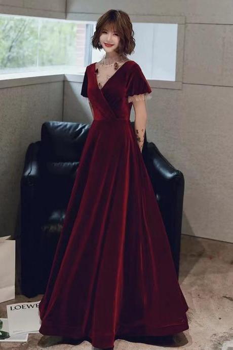 Red Chic Prom Dress, Standing Collar Temperament Velvet Party Dress, Custom Made