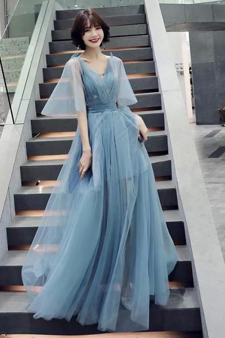 Queen V-neck Prom Dress, Simple, Elegant Blue Evening Dress, Custom Made