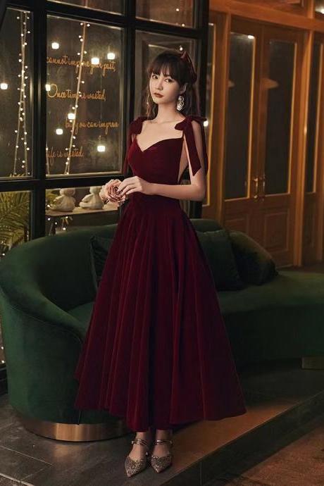 Class Evening Dress, Burgundy Velvet Halter Party Dress, Custom Made