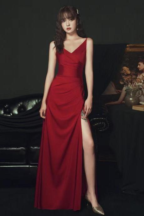 Red Evening Dress, Spaghetti Strap Party Dress, Sexy Slit Prom Gown, Custom Made