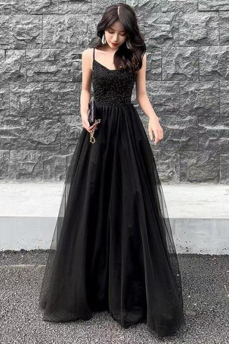 Black Evening Dress, Fashionable Strap Sexy Party Dress, Custom Made