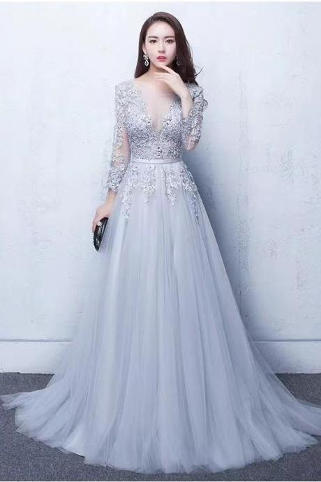 Long Sleeve Evening Dress, Light Gray Lace Dress , Custom Made