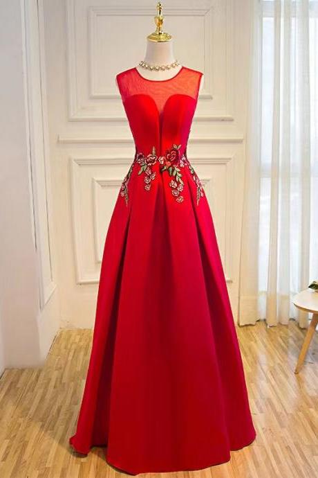 Red dress, long bridesmaid dress,sleeveless applique prom dress ,custom made