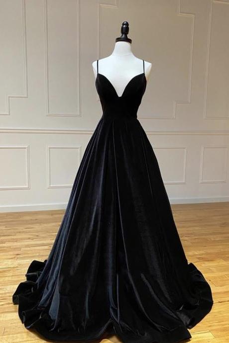 Black Prom Dress V Neck Velvet Party Dress ,sexy Spaghetti Strap Evening Dress,custom Made