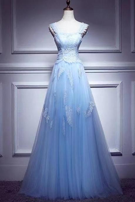 Class long high-grade prom dress, applique blue evening dress,custom made
