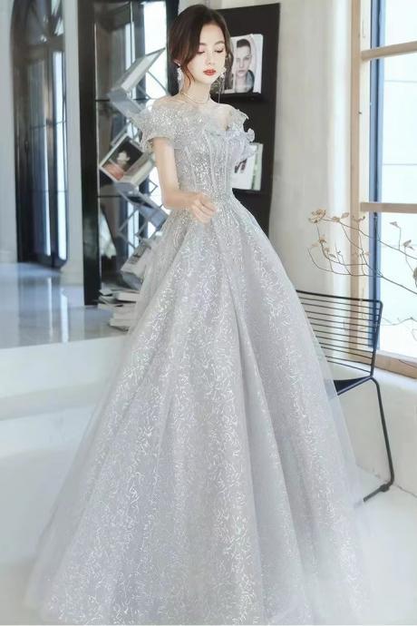 Fairy prom dress, gray evening dress, off shoulder party dress,custom made