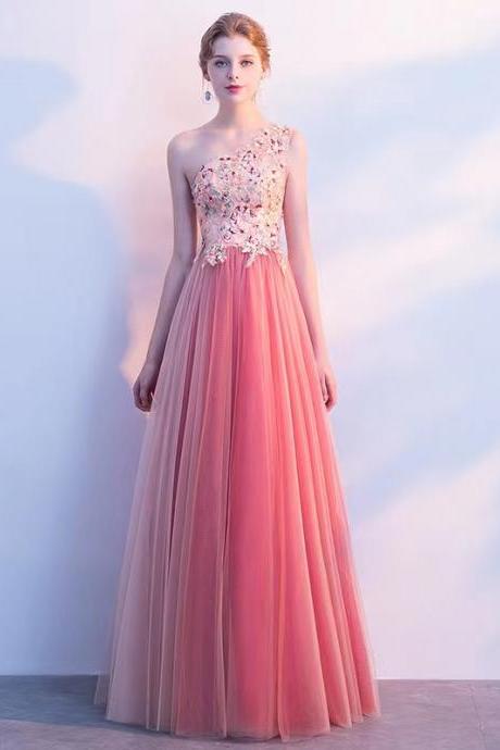 One Shoulder Evening Dress, High Class Prom Dress, Pink Temperament Long Party Dress,custom Made